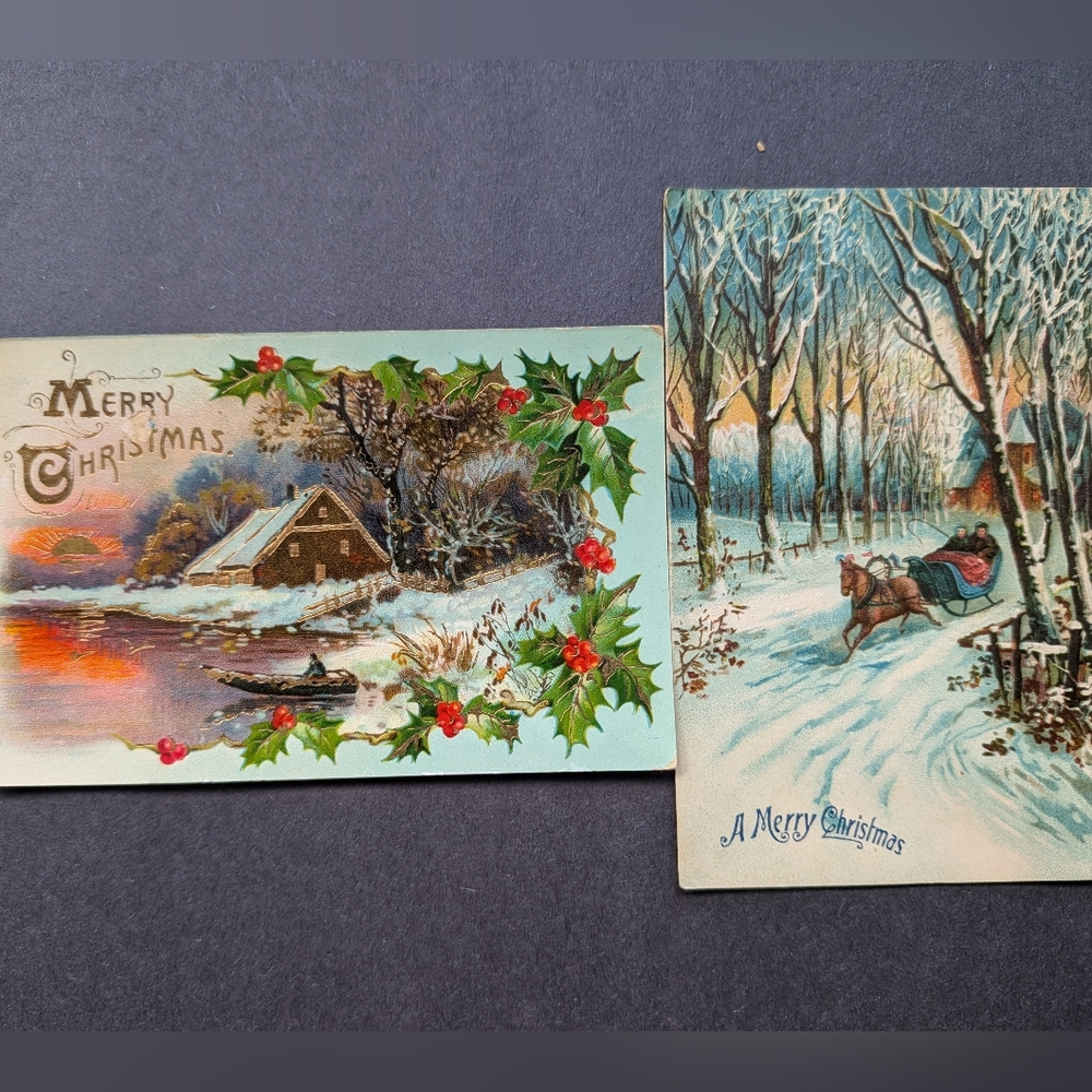 2 Vintage Christmas Postcards with Winter Scenes Bundle #6